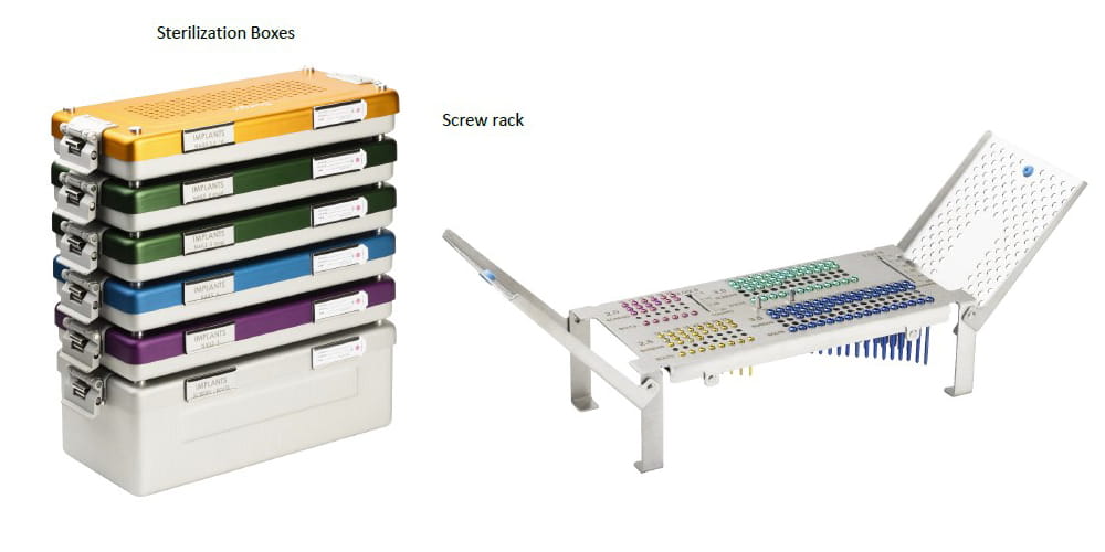 SurgX sterilization boxes and screw rack
